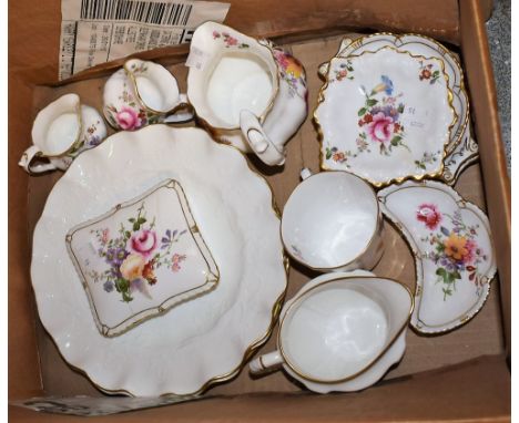 Royal Crown Derby - Posies pattern cream jug;  another milk;  trinket box and cover, pair of wavy rim plates, crescent trinke