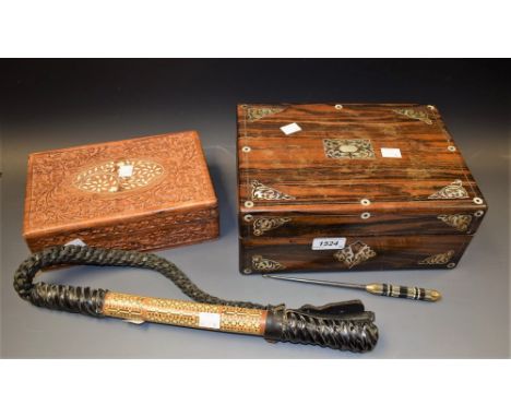 Boxes and Objects - a rosewood work box, mother of pearl inlay; an Indian carved box; an inlaid whip; a button hook (4) 