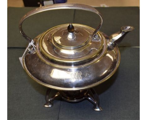 An Arts and Crafts silver plated tea kettle on stand, by Benson, of stepped compressed ovoid form, loop handle, upturned octa