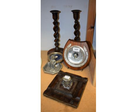 An interesting early 20th century metal dish / pipe ashtray mounted with a novelty golf caddy figure; a pair of treen open ba