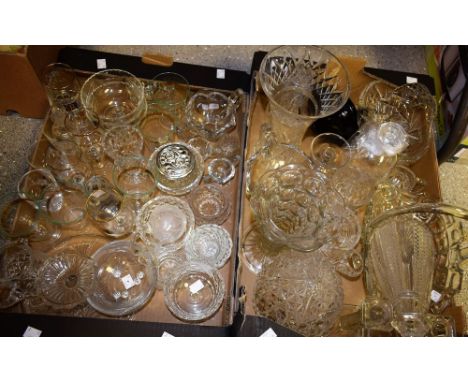 Glassware - to include cut glass vases, jugs, lamp shade, sundae dishes, basket; etc; others pressed glass, drinking vessels,