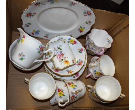 A set of three Shelley Wild Flowers pattern teacups, Dainty shape, pattern 13668; a Staffordshire Longton Vale floral printed