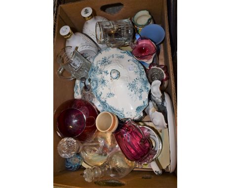 Ceramics & Glass - a Victorian cut glass decanter,  another early 18th century cordial bottle, cranberry glass jug; etc;  God