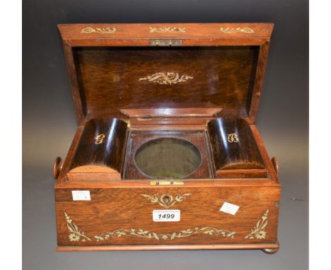 A post Regency rosewood and mother of pearl marquetry sarcophagus tea caddy, fitted interior with black and green tea caniste