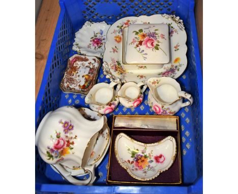 A Royal Crown Derby Posie pattern two handled acorn dish; a crescent shaped butter disk and knife, boxed; other similar Posie