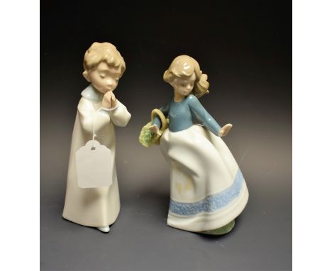 A Nao figure, Farm Girl with Basket; another, Boy Praying, printed marks (2)