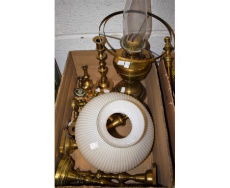 Lighting - a brass Duplex oil lamp, white glass shade; a pair of brass candlesticks; others similar, some converted to electr