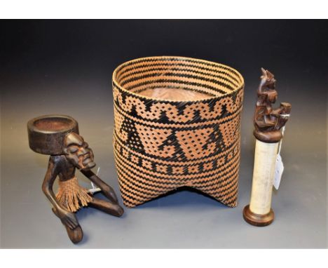 Tribal Art - a Malaysian split rattan basket, on four feet, Penan or Dayak people, Borneo; an Indonesian medicine cylinder, B