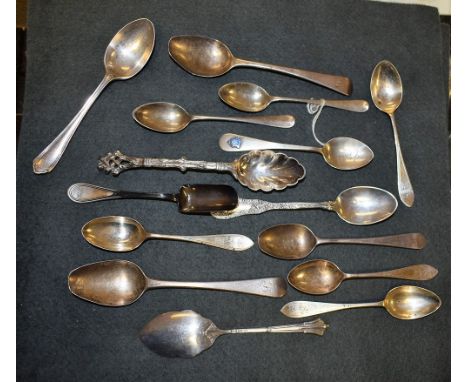 A pair William Bateman teaspoons, London 1818; another Georgian teaspoon; a rat tail spoon; a Continental silver scoop; other