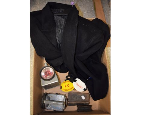Railway Interest - a pair of BR hand lamps, red and white bulbs,  a large size trench coat;  arm badges, Look out;  I C Posse