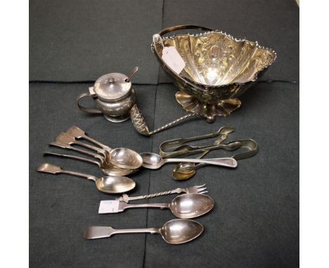 A Liberty Tudric plainished pewter pedestal tankard mustard, blue glass liner, associated spoon; an EPNS swing handled sugar 