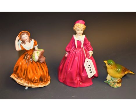 A Royal Doulton figure, Grandmother's Dress, modelled by FG Doughty; a Coalport figure, of a lady with flower basket; a Beswi