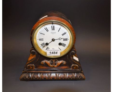 A mantel clock, J W Benson, Ludgate Hill, London, mahogany case, Roman numerals, key and pendulum
