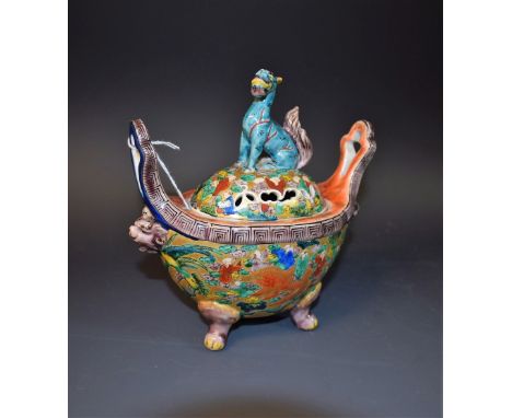 A 19th century Chinese two handled koro, Fo Dog finial