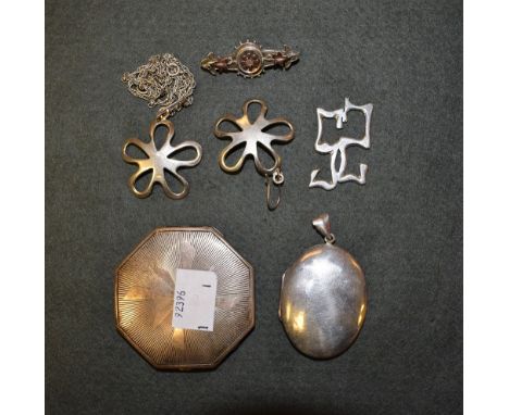 A silver compact, hallmarked; a silver locket, bar brooch etc