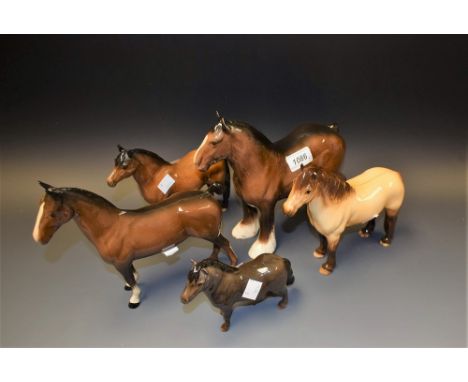 Beswick Horses - a Shire horse, a foal, two Chestnut and a Palomino (5)