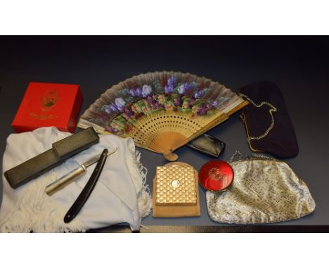 A Stratton powder compact; another Emrich gilt metal powder compact; a shawl; evening purses; fan; hip flask; razor; etc.