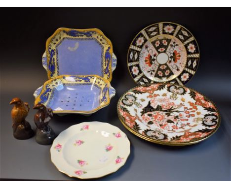 A Royal Crown Derby Beaumont pattern dinner plate; a 2451 pattern side plate; a Witch's pattern plate; a plate printed with r