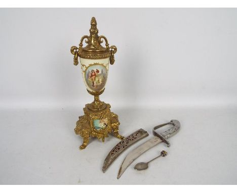 Lot to include a Royal Vienna style gilt metal mounted vase, approximately 32 cm (h), curved dagger with beast form hilt and 