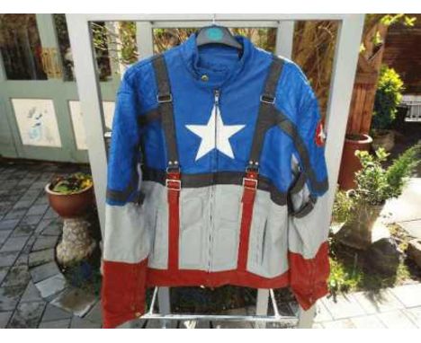 Kamboz Leather - a leather motorcycle jacket, red, white, blue and black, good pre-owned condition with light scuffing, presu