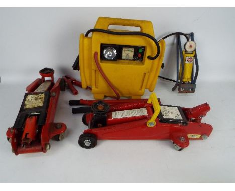 Various Garage tools to include a combination jump starter / battery pack and tyre inflator two hydraulic car jacks with foot