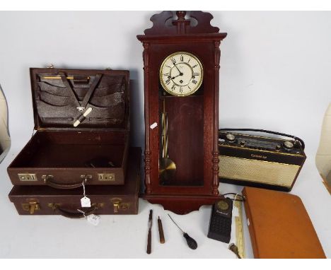 Two vintage brief cases, a Roberts radio, a Rapport mahogany cased wall clock and similar. [5]