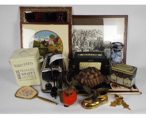 Mixed lot to include tins, radio, garden ornaments, pictures, mirror and similar. [3]