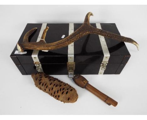 Lot to include a small metal bound trunk, stag antler and other. [2]