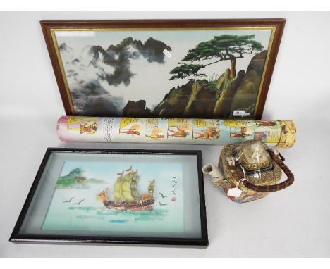 Two pieces of Japanese wall art and a teapot. [3]