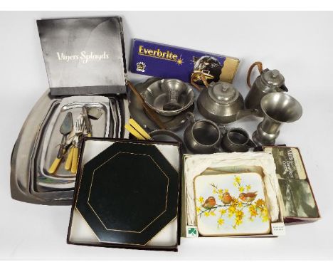 Mixed lot to include pewter tea service, flatware and other.