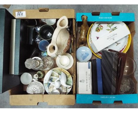 A mixed lot comprising glassware, plated ware, boxed Harrods placemats ceramics to include, Belleek, Royal Worcester, Jersey 