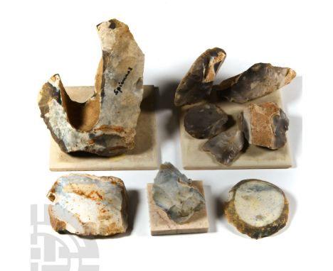 Neolithic Period, 5th-3rd millennium B.C. Comprising discoid, lozengiform and triangular scrapers, flint nodule with inked 'S