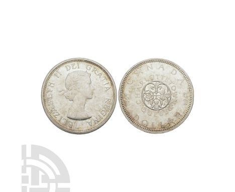 Dated 1964 A.D. 800 silver. Obv: bust of Queen Elizabeth II wearing a wreath, facing right, ELIZABETH II DEI GRATIA REGINA. R
