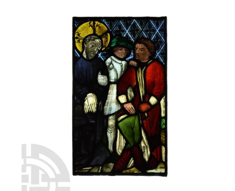 Southern Germany, perhaps Ravensburg, circa 1420 A.D. Rectangular glass panel in lead frame; nimbate figure of Christ confron
