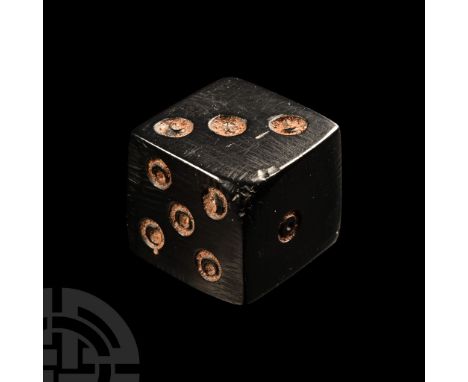 1st-4th century A.D. Cuboid with ring-and-dot markings disposed 1:6, 2:5, 3:4.  1.78 grams, 12 mm (1/2 in.). Found UK. From t