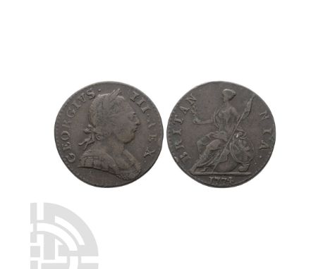 Dated 1774 A.D. First issue. Obv: profile bust with GEORGIVS III REX legend. Rev: Britannia seated with date in exergue. S.37