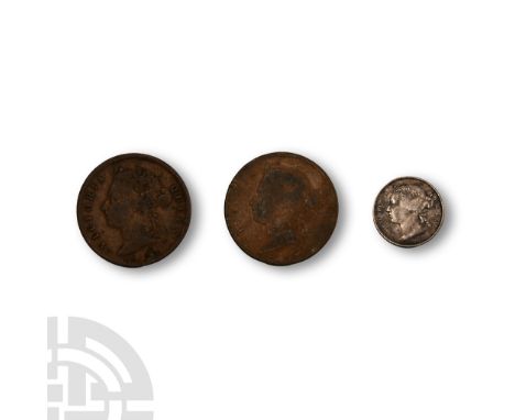 Dated 1887-1891 A.D. Mixed issues comprising: Victoria, 1891 and 2 x 1887, one cent and 10 cents.  20.32 grams total, 17-28 m
