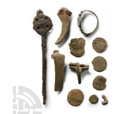 1st-8th century A.D. Including a finger ring with enamelled bezel, a knee brooch, dress pin and other items.  31 grams total,