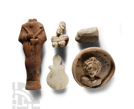 20th century A.D. Including a ceramic portrait disc, shabti and other items; after the antique.  340 grams total, 4.9-14.5 cm