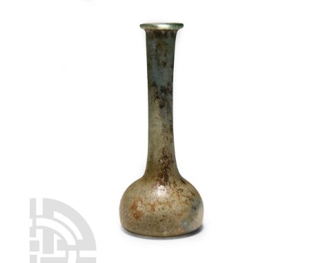 2nd-3rd century A.D. With plano-convex body (damaged) and dimple base, tall slender neck, folded rim; iridescent surface. Cf.