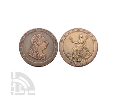 20th century A.D. A pattern restrike 'dated 1797'. Obv: profile bust with GEORGIUS III D G REX incuse legend. Rev: Britannia 
