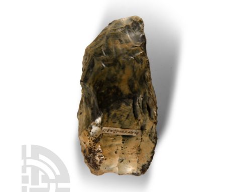 Neolithic Period, circa 5th-3rd millennium B.C. Plano-convex in section with old collector's labels: to verso '392/MORS' and 