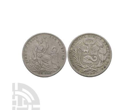 Dated 1924 A.D. Obv: National arms, REPUBLICA PERUANA LIMA 5 DECIMOS FINO1924. Rev: seated Liberty flanked by shield and colu