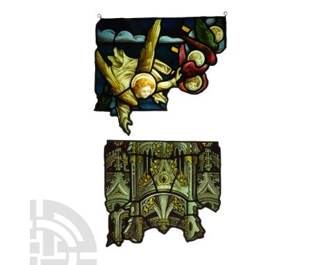 19th century A.D. Irregular panels of painted glass mounted in lead cames; one depicting Gothic architectural features includ