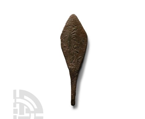 Circa 12th-11th century B.C. With incised text to the midrib on one face, less well-defined characters to the reverse. Cf. Rö