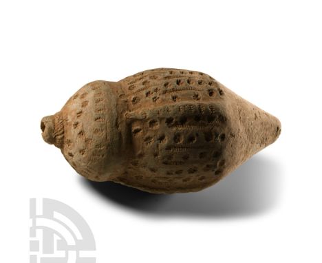 14th century A.D. Piriform body with impressed hatched bands to the shoulder and upper body, domed filler-hole, intended to b