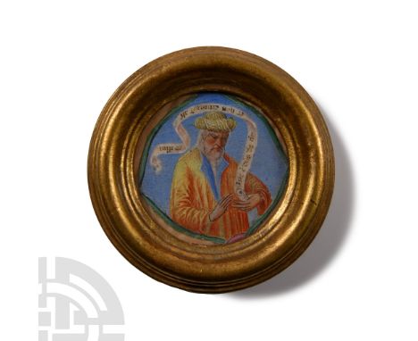 Florence, Italy, circa 1470 A.D. Discoid glazed mount with tiered profile, painted miniature of an Old Testament prophet with