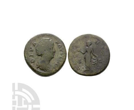 After 146 A.D. Rome mint. Obv: DIVA FAVSTINA, draped bust right. Rev: AETERNITAS S-C, Aeternitas standing left, holding phoen