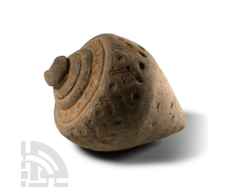 9th-11th century A.D. Piriform body with lattice to upper body and impressed bands to shoulder, domed filler-hole, intended t