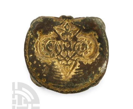 Circa 14th-15th century A.D. Comprising a square panel with post at each corner supporting a plaque with gilt acanthus motif 